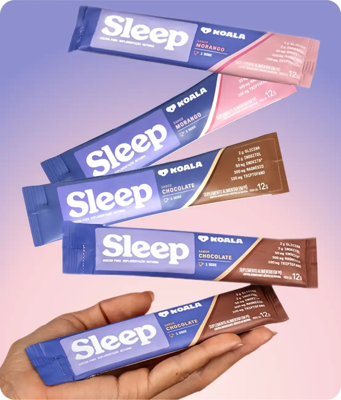 Pacotes da bebida em pó Sleep Koala de sabores morango e chocolate, exibidos contra um fundo gradiente roxo e rosa.