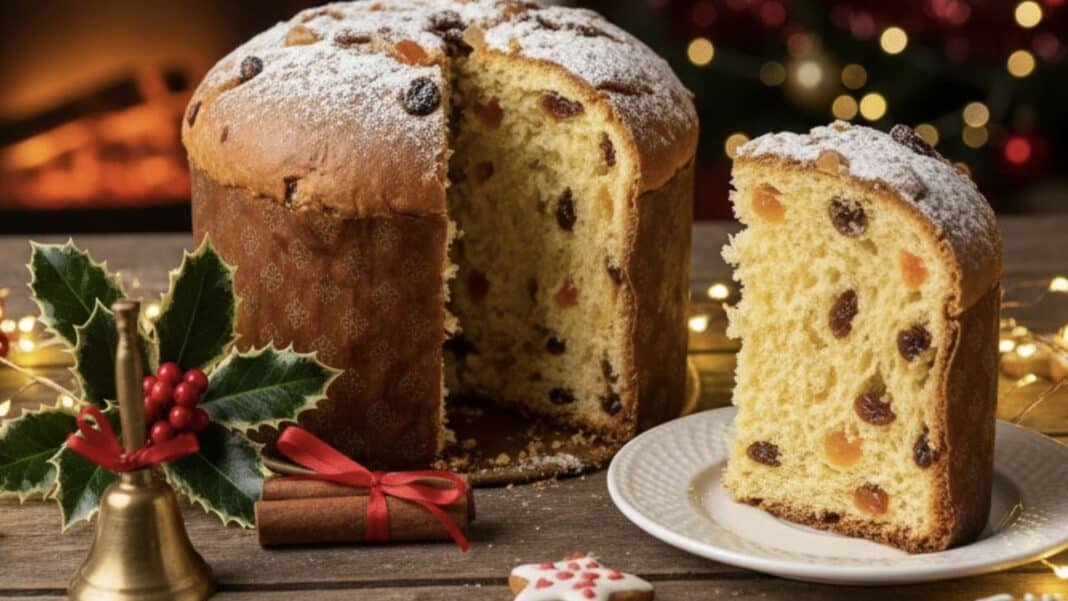 Panetone de frutas inteiro com uma fatia ao lado em uma mesa rústica, decorada com azevinho, um sino dourado, biscoitos em formato de estrela e luzes de Natal. Ao fundo, uma lareira acesa e uma árvore de Natal iluminada.
