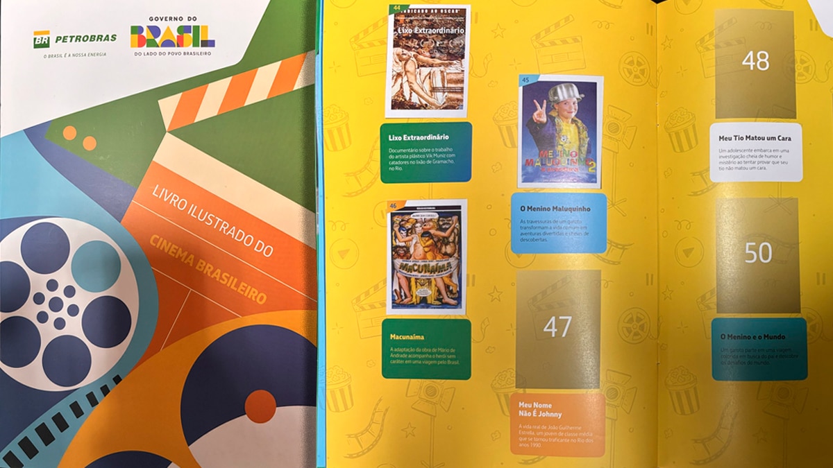 Página de álbum de figurinhas "Livro Ilustrado do Cinema Brasileiro" com figurinhas de filmes como "Lixo Extraordinário", "Meu Nome Não é Johnny", "Macunaíma", "O Menino Maluquinho 2" e "O Menino e o Mundo".