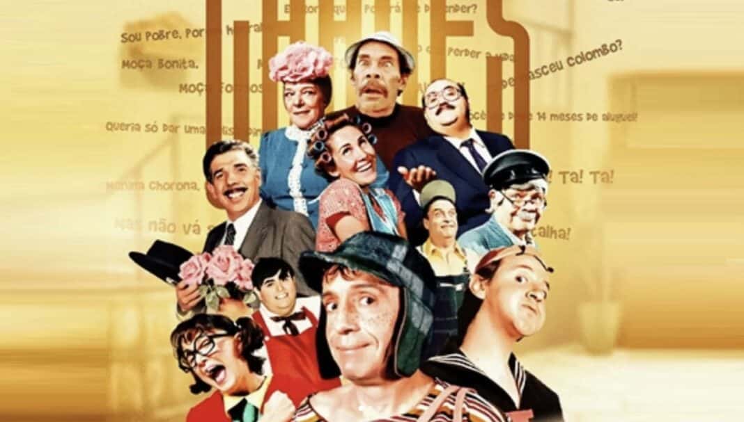 Pôster com diversos personagens da série Chaves, como Chaves, Quico, Chiquinha, Seu Madruga, Dona Florinda, Professor Girafales, Pópis e Senhor Barriga.