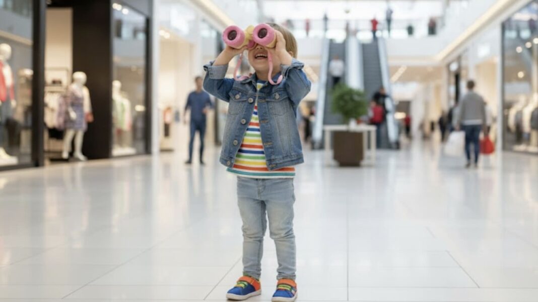 Uma criança sorridente em um shopping usa binóculos rosa e amarelo. Ela está vestindo uma jaqueta jeans e uma camiseta listrada colorida. O fundo desfocado mostra um shopping moderno com lojas e pessoas