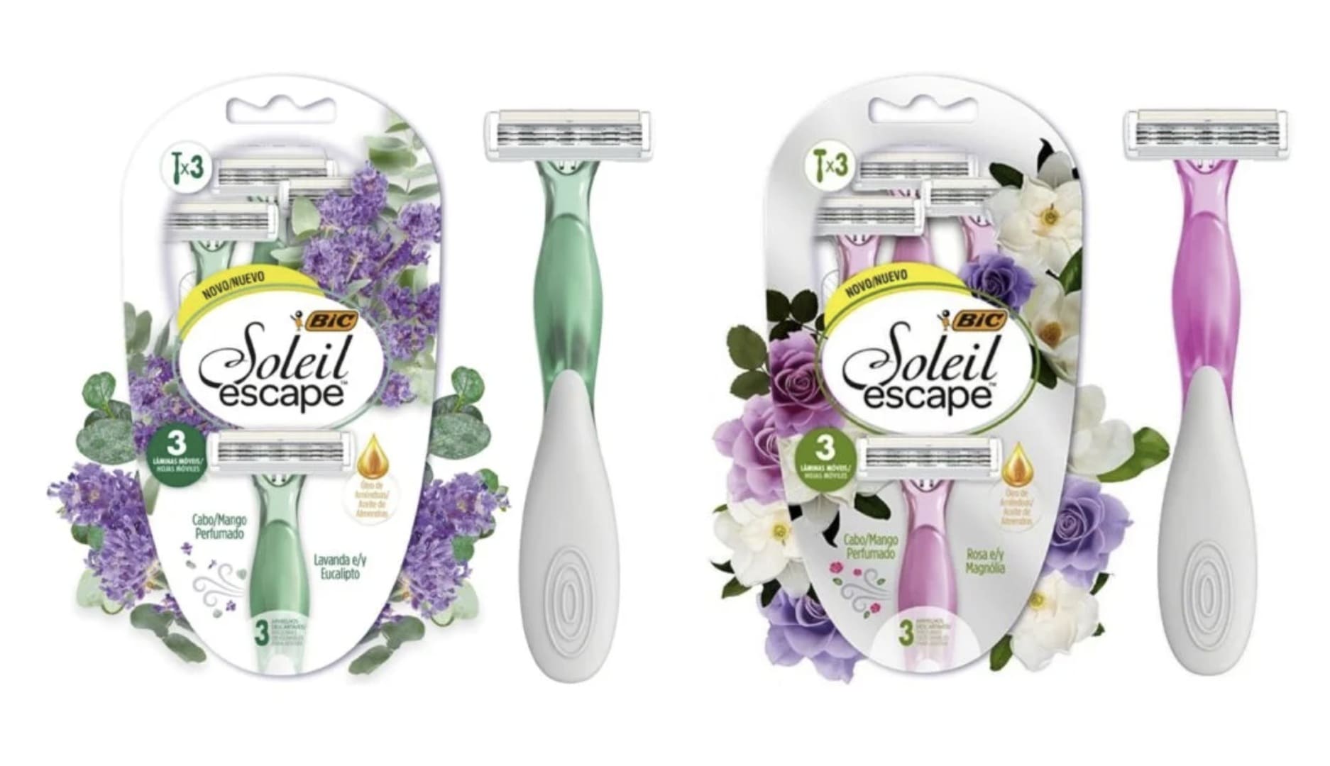 Embalagens e aparelhos de depilar BIC Soleil Escape nas fragrâncias Lavanda e Eucalipto (verde) e Rosa e Magnólia (rosa).