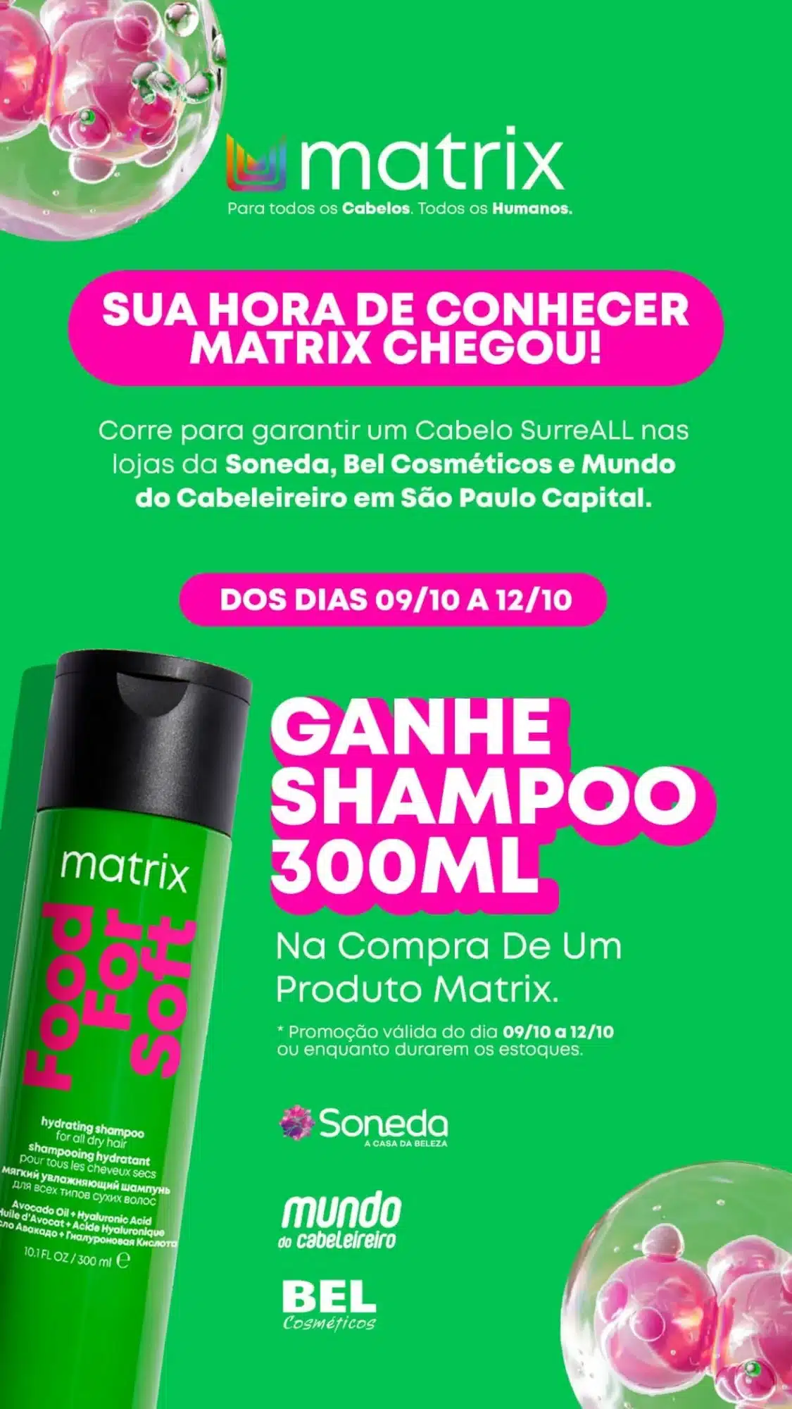 A embalagem em primeiro plano é o Shampoo Hidratante da linha Matrix Food For Soft, que contém Óleo de Abacate e Ácido Hialurônico.