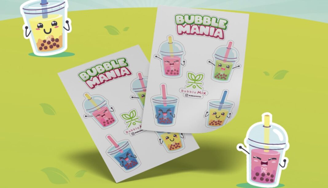 Cartelas de adesivos de bubble tea fofos, com o título 