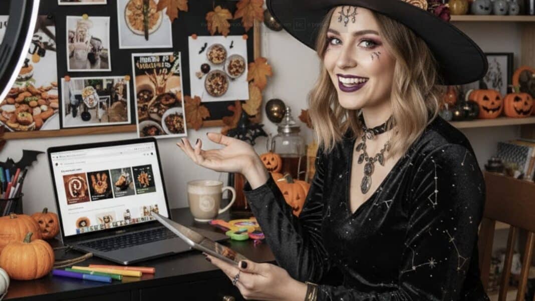 Criadora de conteúdo de Pinterest vestida de bruxa sentada à secretária, cercada por decorações de Halloween e um quadro de inspiração.