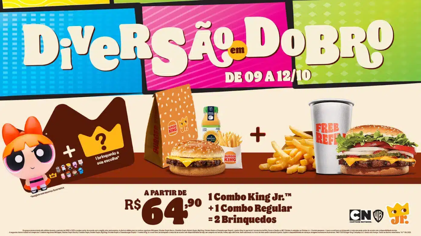 Banner da promoção "Diversão em Dobro" do Burger King com a Powerpuff Girl Florzinha e lanches.