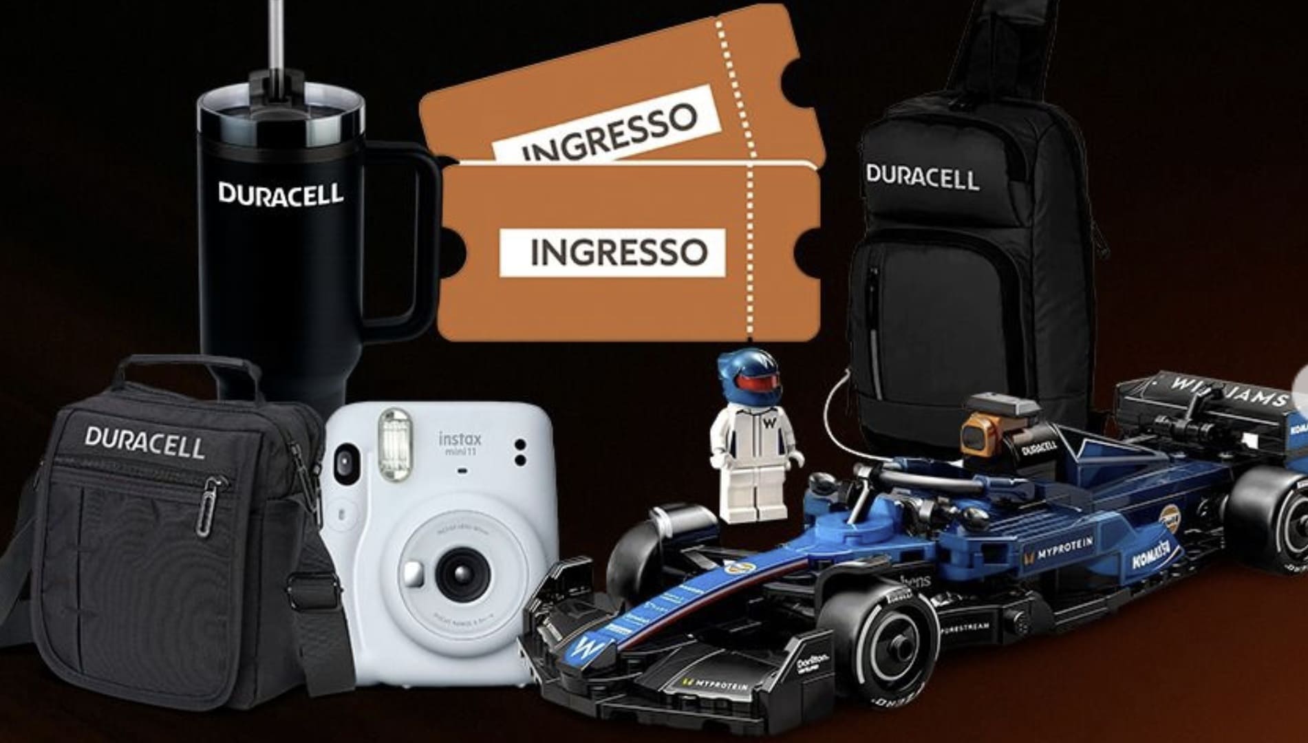 Prêmios da Duracell: copo, mochilas, ingressos, câmera Instax, e carro de F1 da Williams.