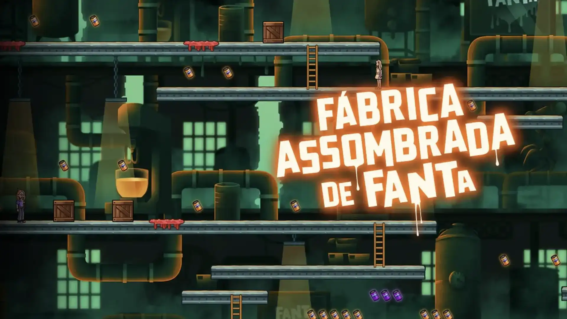 Captura de tela de um jogo 2D de plataforma com o título em português: "Fábrica Assombrada de Fanta".