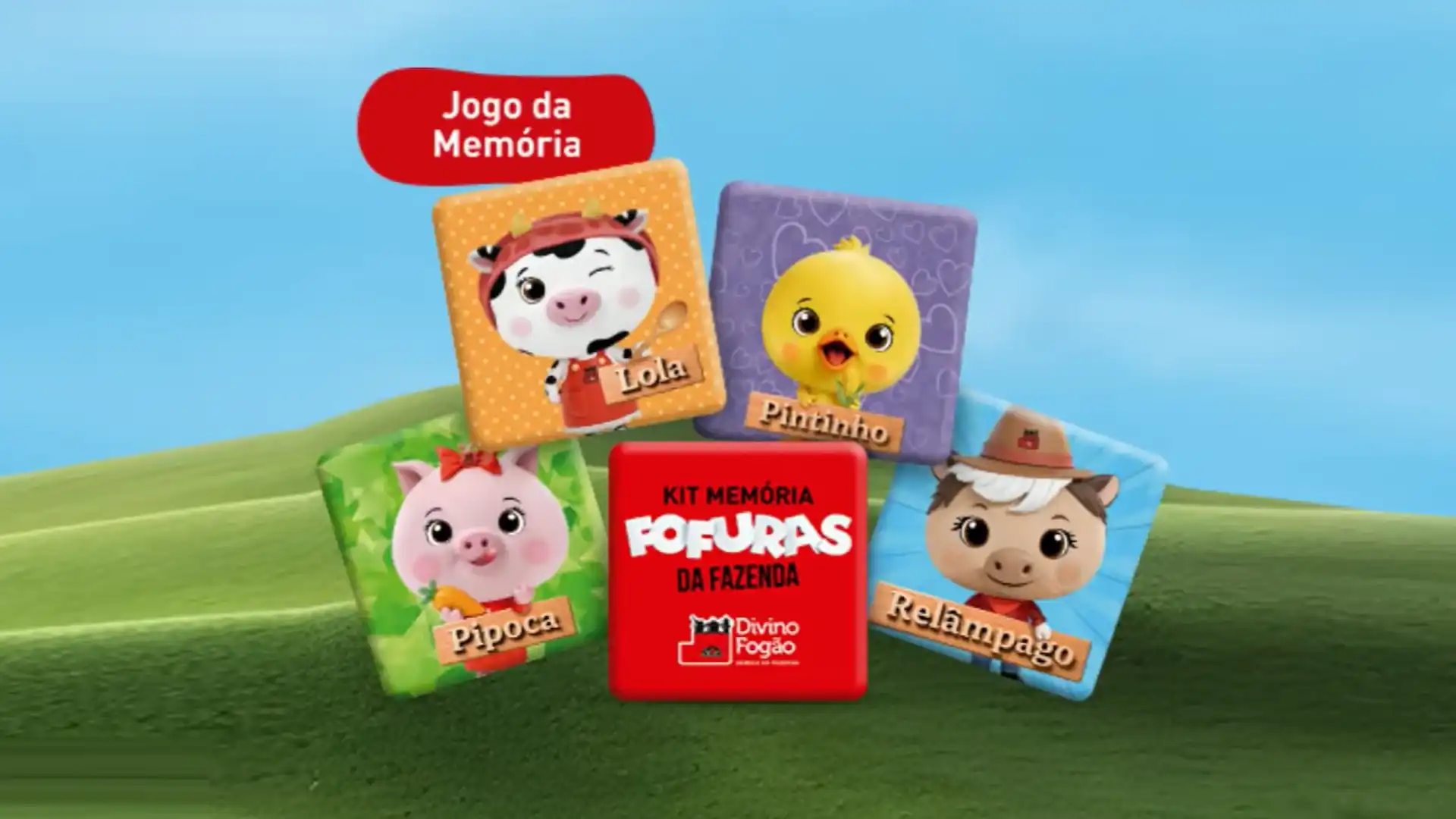 Esta imagem mostra um jogo de memória com cinco cartas no formato de um quadrado. As cartas são apresentadas como uma coleção de adoráveis criaturas de fazenda.