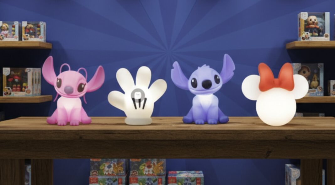 Mesa de madeira em loja com luminárias dos personagens Lilo & Stitch (Angel, Mão do Mickey, Stitch) e Minnie Mouse.