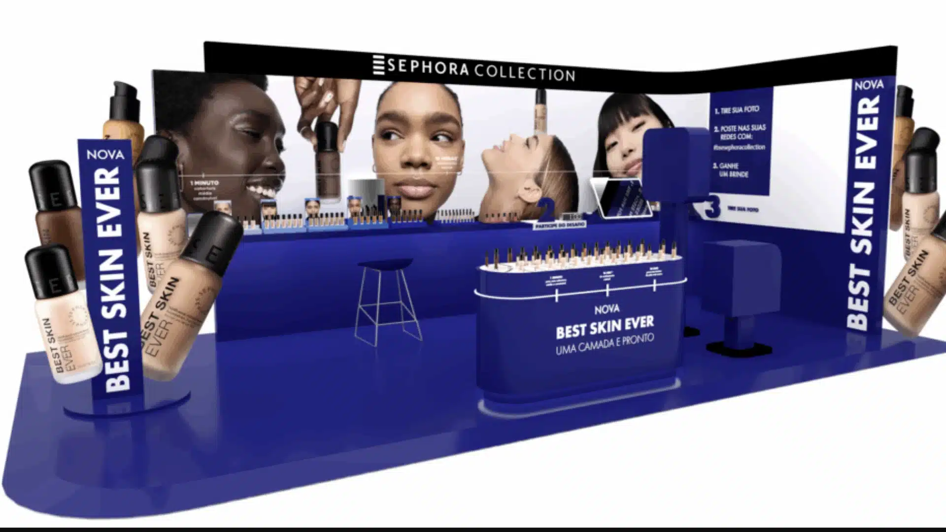 Um estande de demonstração da Sephora Collection, com exposição da linha de produtos "Best Skin Ever".