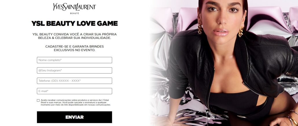Página de cadastro da YSL Beauty Love Game com formulário para brindes, ao lado de uma foto da Dua Lipa com jaqueta de couro preta.
