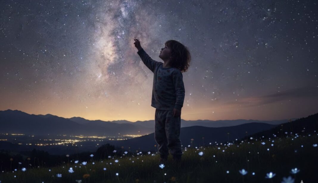 Uma criança maravilhada aponta para um céu noturno deslumbrante, repleto de estrelas e a Via Láctea, com flores que brilham suavemente em primeiro plano e luzes da cidade cintilando à distância.