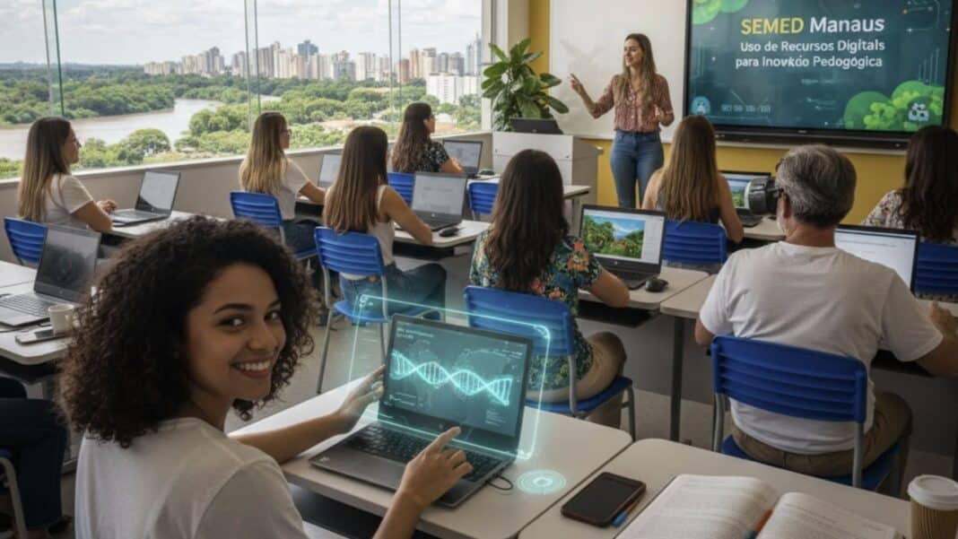 Professores em sala de aula tecnológica em Manaus, com vista para o rio, aprendendo sobre recursos digitais para inovação pedagógica.