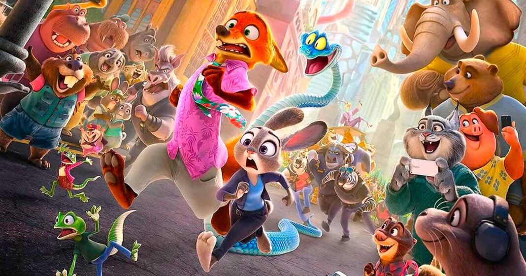 Imagem promocional de Zootopia 2, com Judy Hopps, Nick Wilde, uma cobra azul e vários outros animais correndo e parecendo surpresos em uma rua lotada da cidade.