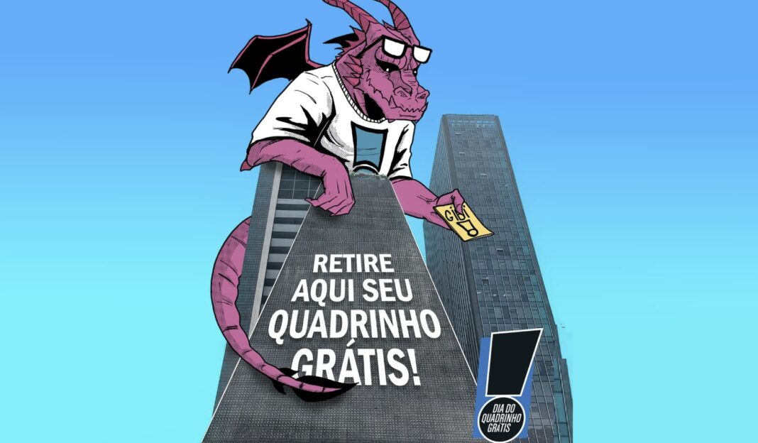 Ilustração de um dragão roxo e corpulento de óculos, vestindo uma camisa branca e preta, agarrado ao topo de um arranha-céu moderno em São Paulo, segurando um quadrinho amarelo. A torre exibe as palavras 