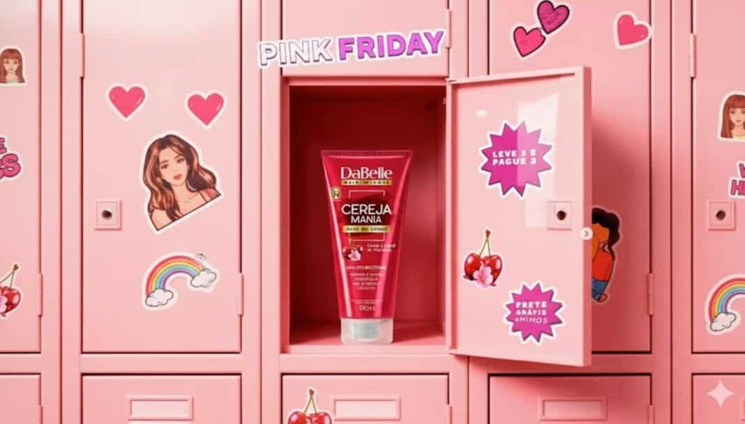 Produto DaBelle Cereja Mania em armário escolar rosa.