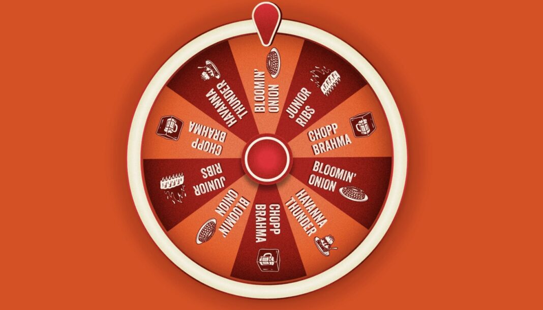 Roda da Sorte do Outback com prêmios como Bloomin' Onion, Junior Ribs, Chopp Brahma e Havanna Thunder.