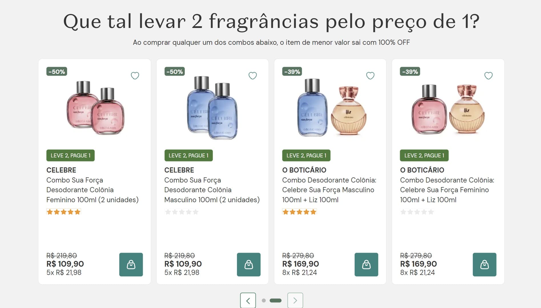Grade de ofertas da Beauty Week O Boticário com a promoção "Leve 2, Pague 1". Quatro combos de fragrâncias Celebre e Liz estão em destaque com descontos de 50% e 39%, mostrando os preços originais e os preços promocionais.