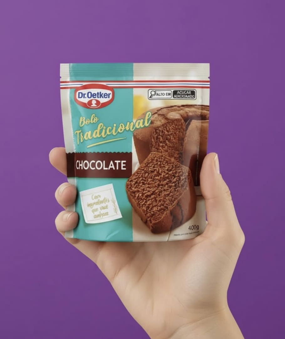 Uma mão segura um pacote de Bolo Tradicional Chocolate Dr. Oetker em um fundo roxo.