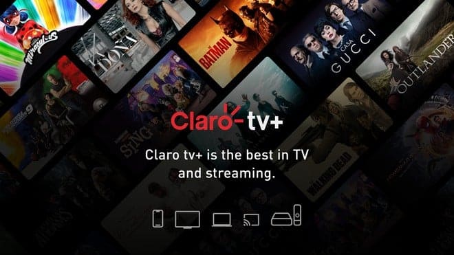 Banner promocional da Claro tv+ com o slogan em inglês e imagens de filmes e séries como Miraculous, Batman, Casa Gucci e The Walking Dead.