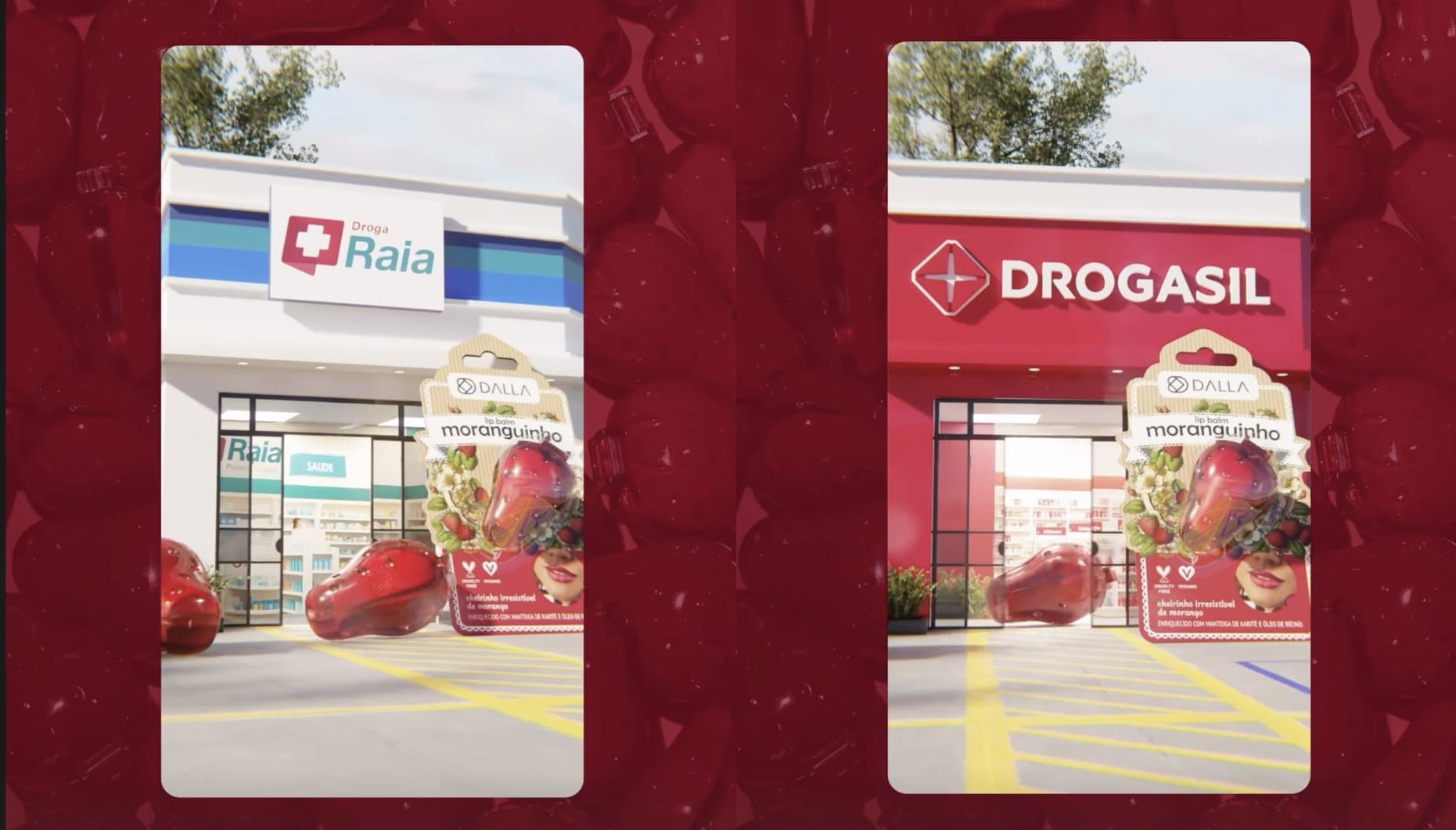 Visual dividido mostrando as fachadas da Droga Raia e Drogasil com embalagens de maquiagem "Moranguinho" da Dalla Cosméticos em frente.