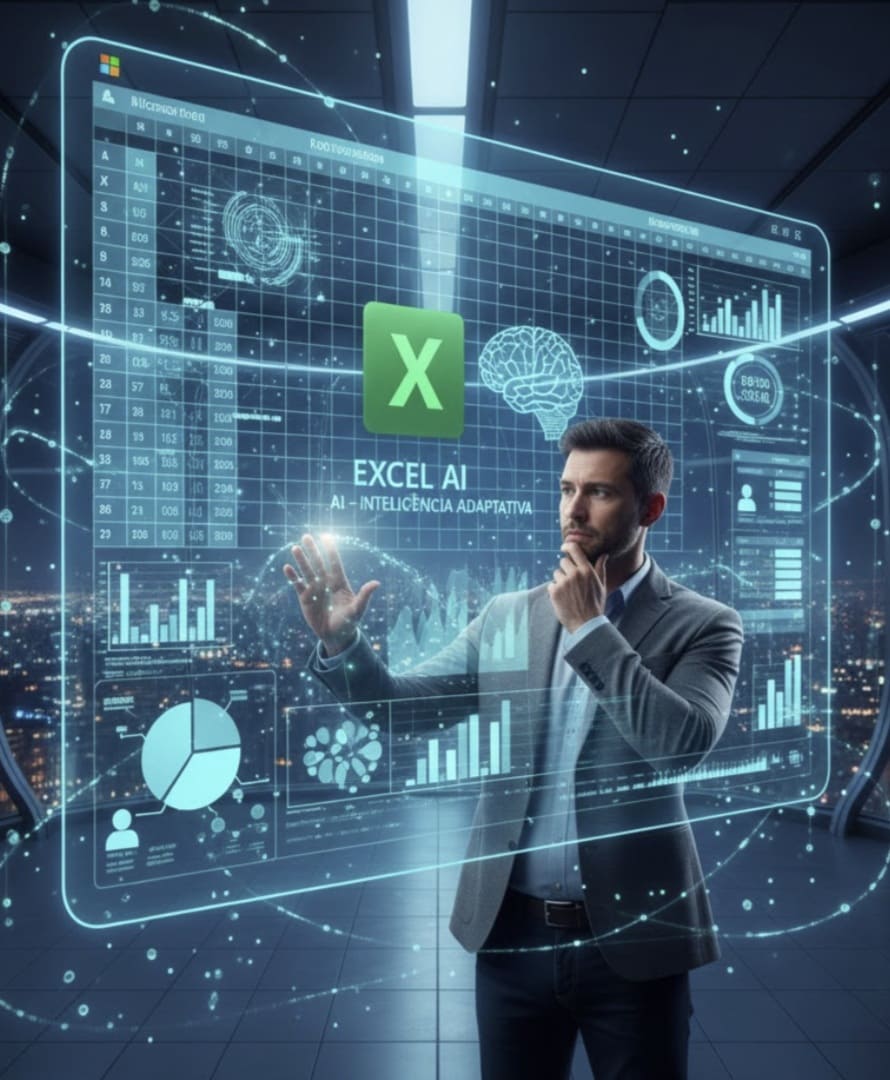 Uma pessoa (executivo/analista) interage com uma planilha do Microsoft Excel futurista e holográfica. O ecrã digital flutuante mostra o logotipo do Excel, um ícone de cérebro de IA e gráficos de dados complexos, simbolizando a colaboração entre o usuário e a inteligência artificial para análise de dados.