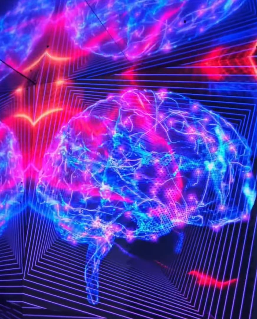 Um modelo 3D de um cérebro humano, estilizado com luzes neon em tons de azul e rosa, simulando atividade neural intensa. Ao redor, linhas geométricas e iluminação em vermelho e azul criam uma sensação de profundidade e dinamismo, sugerindo um ambiente de realidade virtual ou uma representação artística da mente.