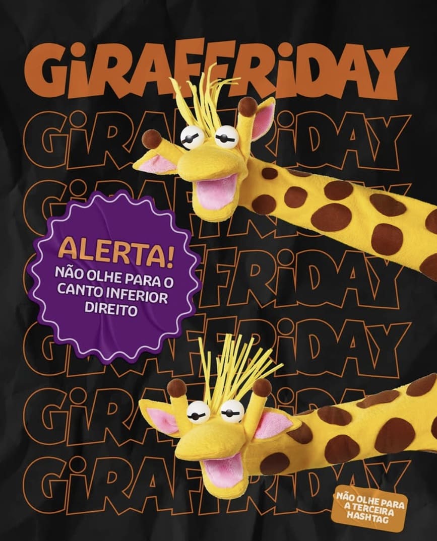 Mascotes de fantoches de girafa em um fundo preto com o texto "GIRAFFRIDAY" em laranja e avisos engraçados.