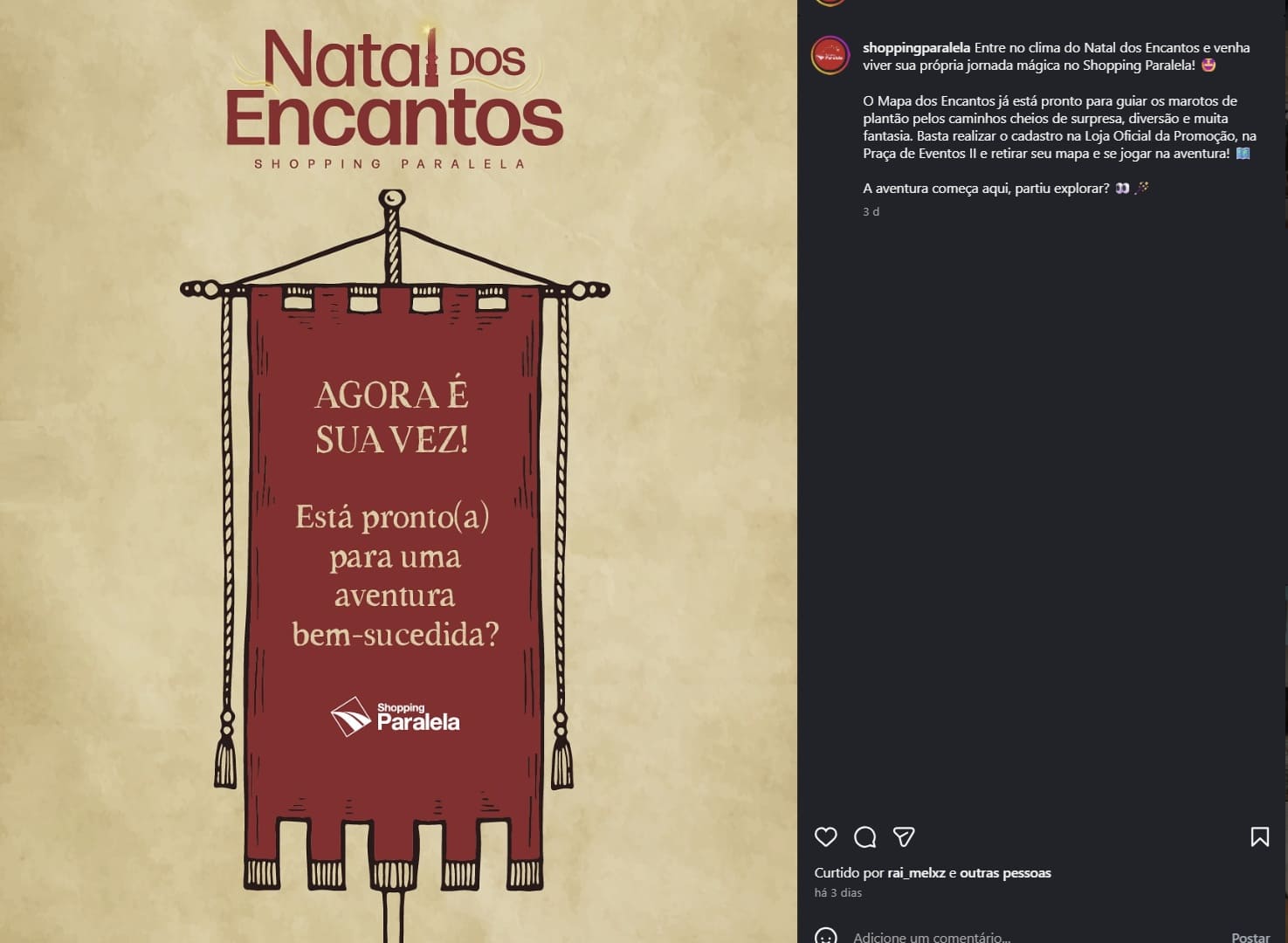 Banner vertical do "Natal Wizarding World Harry Potter" e "Natal dos Encantos" do Shopping Pararela, com o Castelo de Hogwarts e a coruja Edwiges.