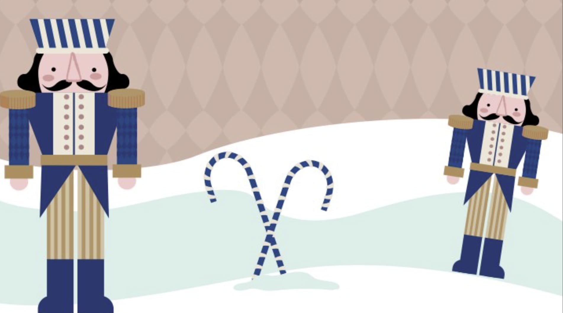 Ilustração de Natal com dois bonecos Quebra-Nozes em um cenário de neve e duas bengalas doces.