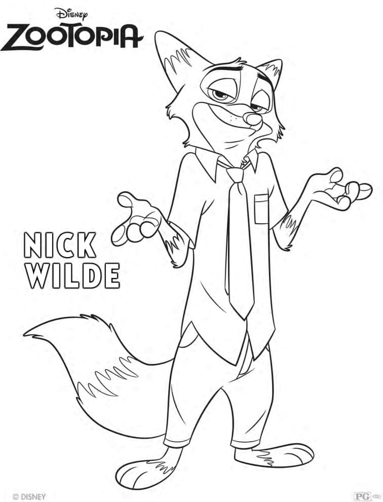 Desenho para colorir de Nick Wilde, a raposa de Zootopia, vestindo camisa e gravata, com os braços abertos em um gesto casual. O logo de