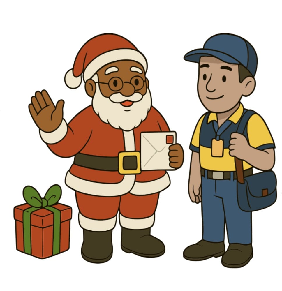 Ilustração do Papai Noel de pele escura e um carteiro sorridente segurando uma carta.