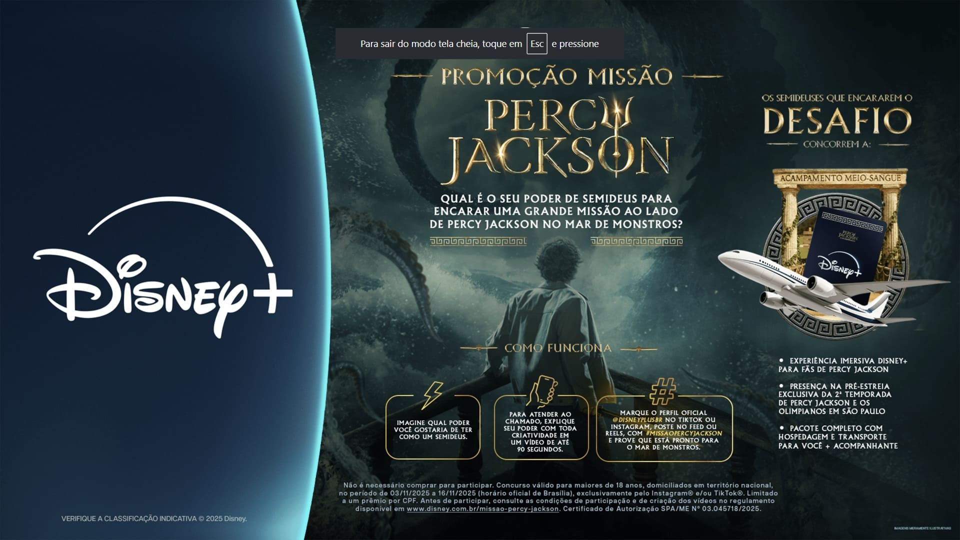 Banner da promoção "Missão Percy Jackson" da Disney+, mostrando o logo da série, o texto "Qual é o seu poder de semideus para encarar uma grande missão ao lado de Percy Jackson no Mar de Monstros?" e a imagem de um semideus de costas olhando para o mar. O banner detalha o funcionamento do concurso, incluindo o uso da hashtag #MissãoPercyJackson e os prêmios, como a pré-estreia exclusiva.
