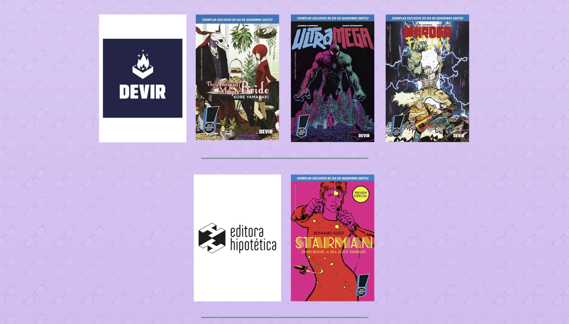 Imagem promocional exibindo quatro capas de quadrinhos gratuitos e os logotipos das editoras DeVir e Editora Hipotética em um fundo lilás com um padrão sutil de óculos. As capas mostradas são: "The Ancient Magus' Bride", "Ultramega", "Murder Falcon" (todos da DeVir) e "Starman: David Bowie, a Era Ziggy Stardust" (da Editora Hipotética).