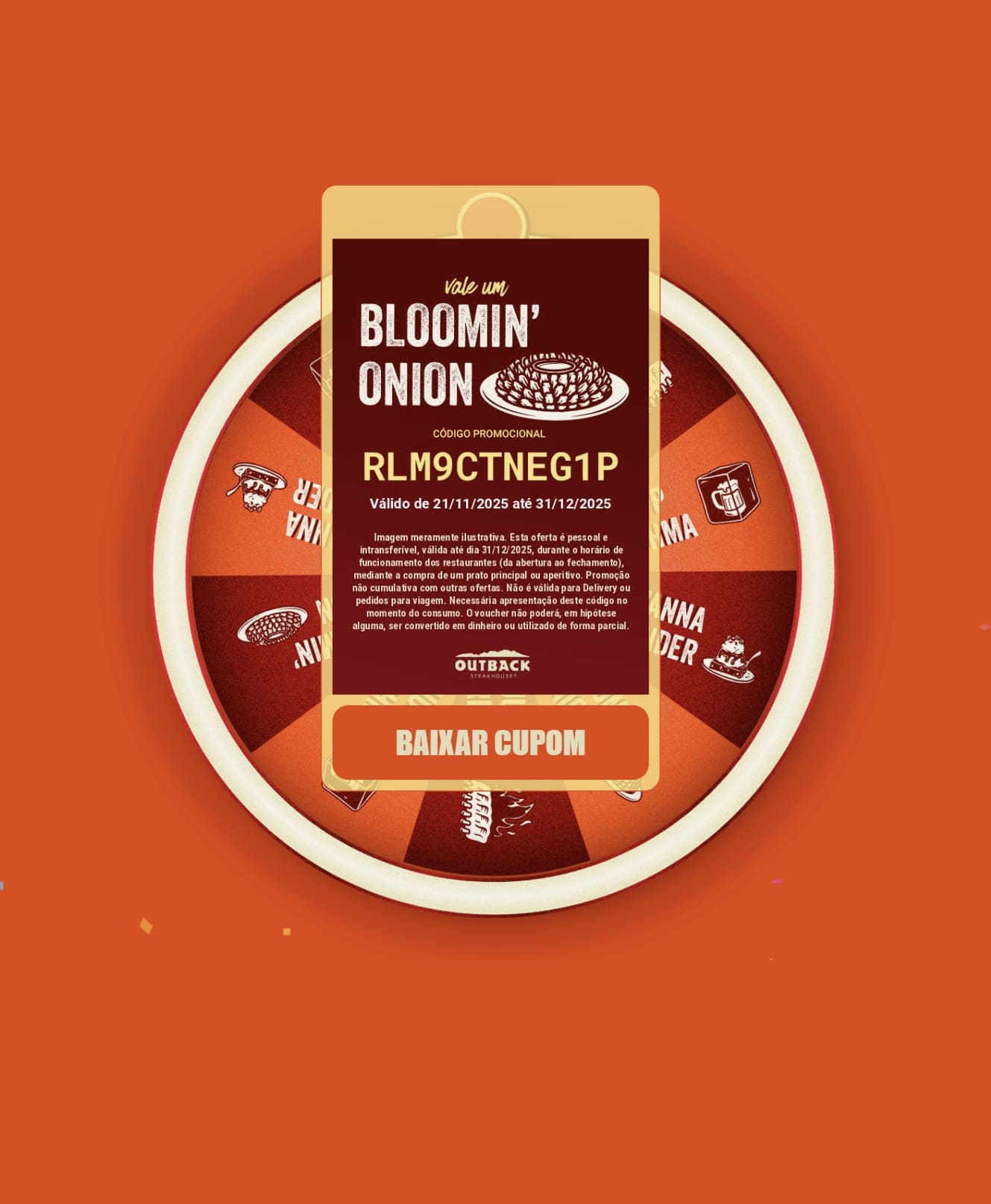 Roleta promocional do Outback com cupom para uma Bloomin' Onion.