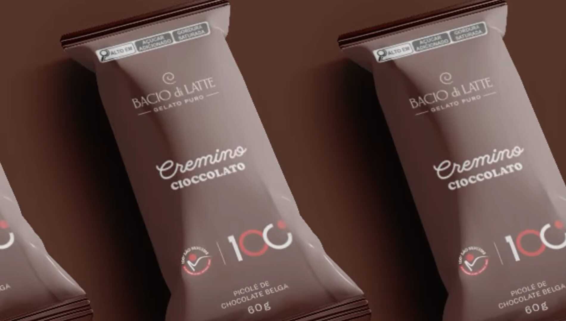 Embalagem de picolé Cremino Cioccolato da Bacio di Latte, com o selo comemorativo da 100ª Corrida de São Silvestre.