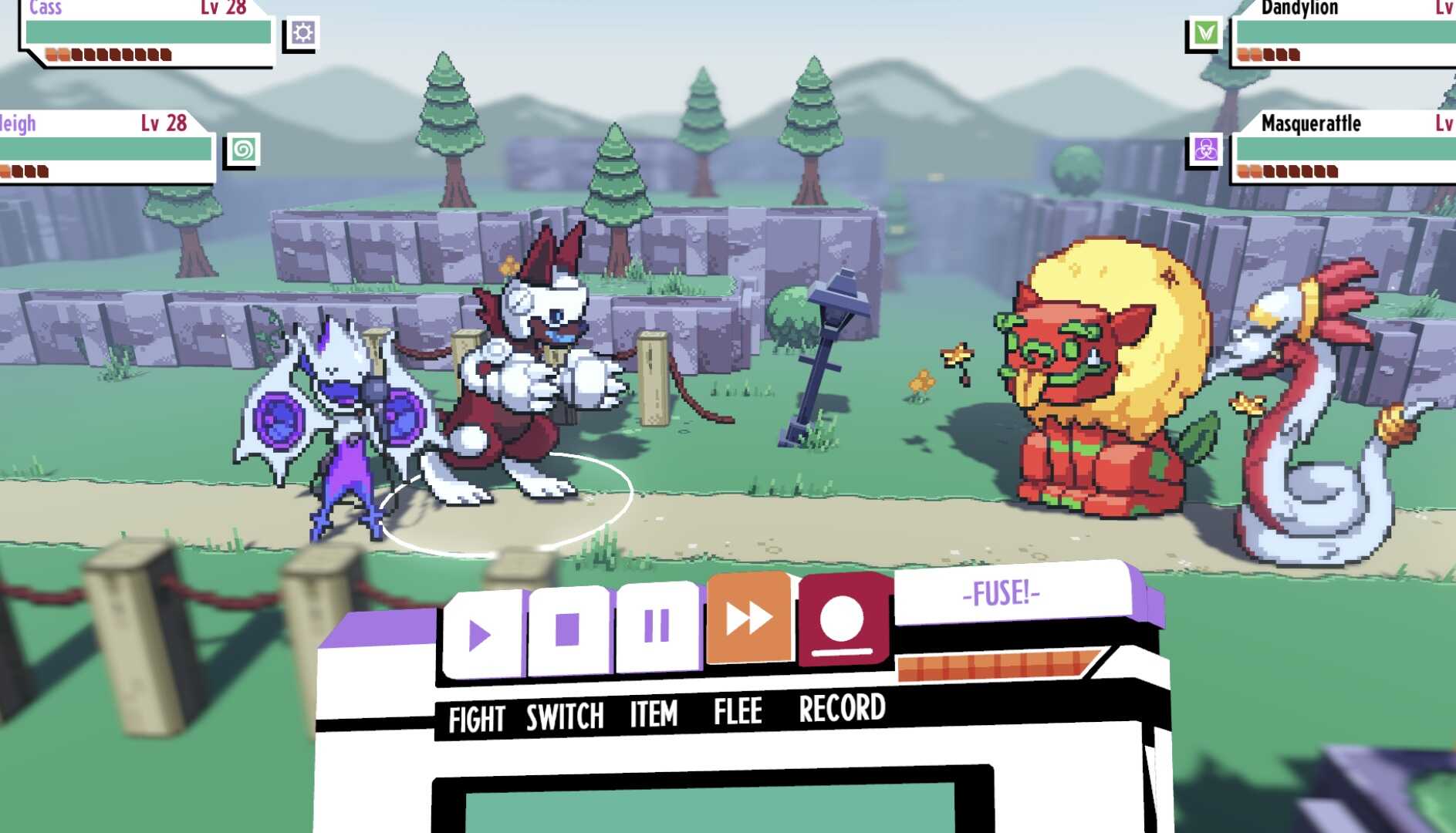 Captura de tela do jogo de RPG "Cassette Beasts" mostrando uma batalha em turnos. Dois monstros controlados pelo jogador (à esquerda) enfrentam um Dandylion e um Masquerattle (à direita) em um cenário de pixel art colorido.