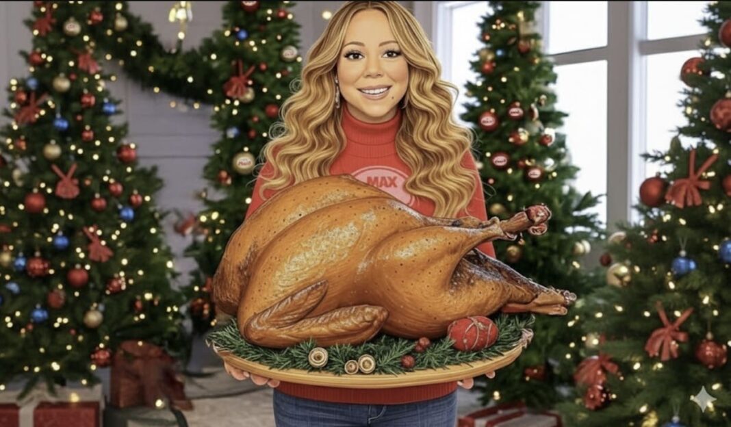 Imagem gerada por IA de Mariah Carey sorrindo e segurando uma bandeja com um peru assado gigante, em um cenário natalino com árvores decoradas.