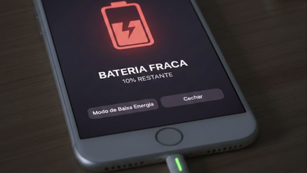 Smartphone em um fundo de madeira mostrando um alerta de 'Bateria Fraca' com 10% de carga restante na tela