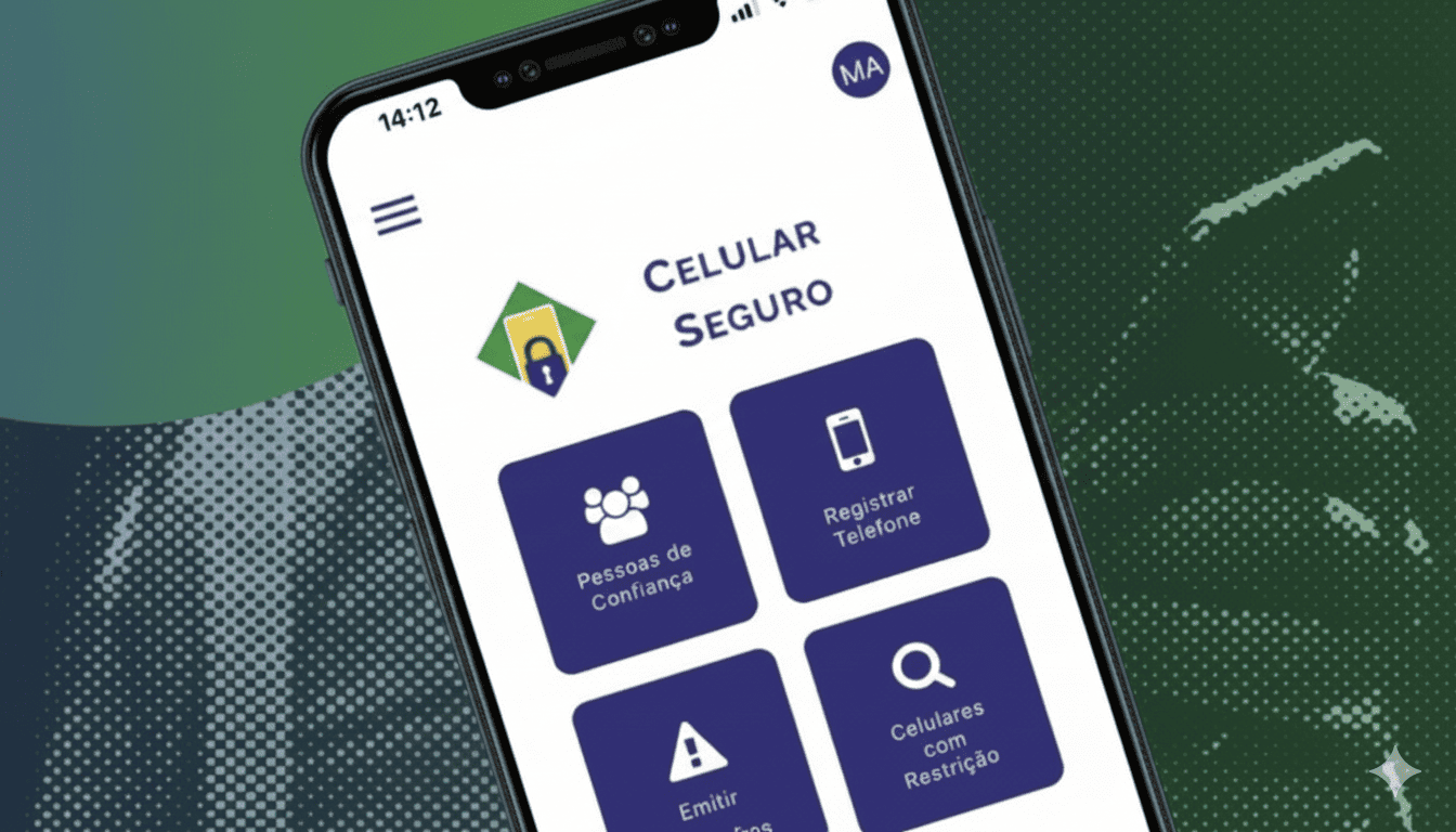Captura de tela do aplicativo "Celular Seguro" em um smartphone, mostrando opções como "Pessoas de Confiança," "Registrar Telefone," e "Celulares com Restrição."