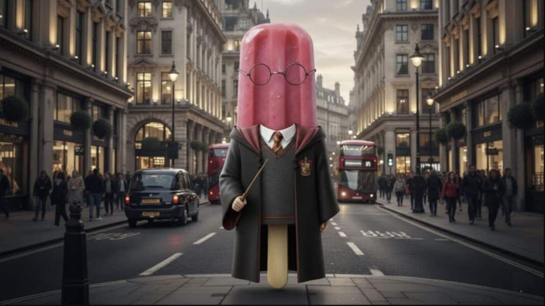 Picolé rosa vestido de Harry Potter, usando óculos e segurando uma varinha, em uma movimentada avenida de Londres com prédios clássicos e ônibus de dois andares.