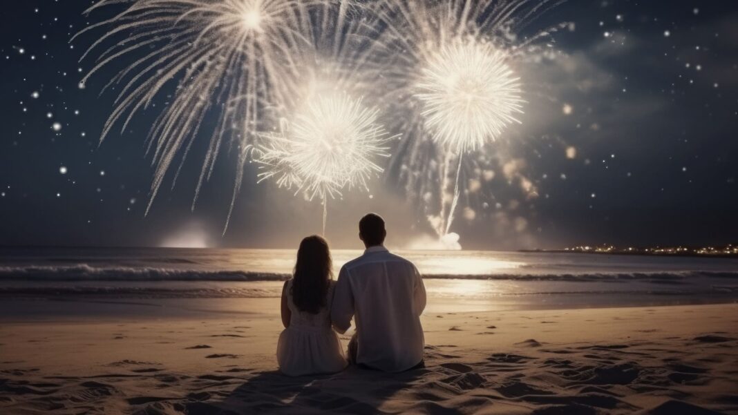 Casal sentado na areia da praia, de costas, assistindo a um grande espetáculo de fogos de artifício no céu noturno.