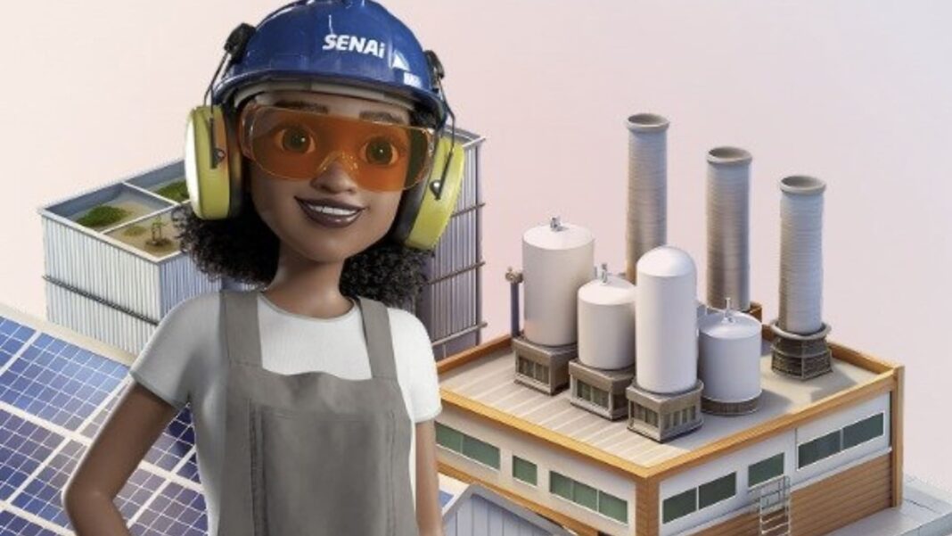 Ilustração de uma mulher com capacete e óculos de proteção, sorrindo em frente a uma fábrica moderna com painéis solares.