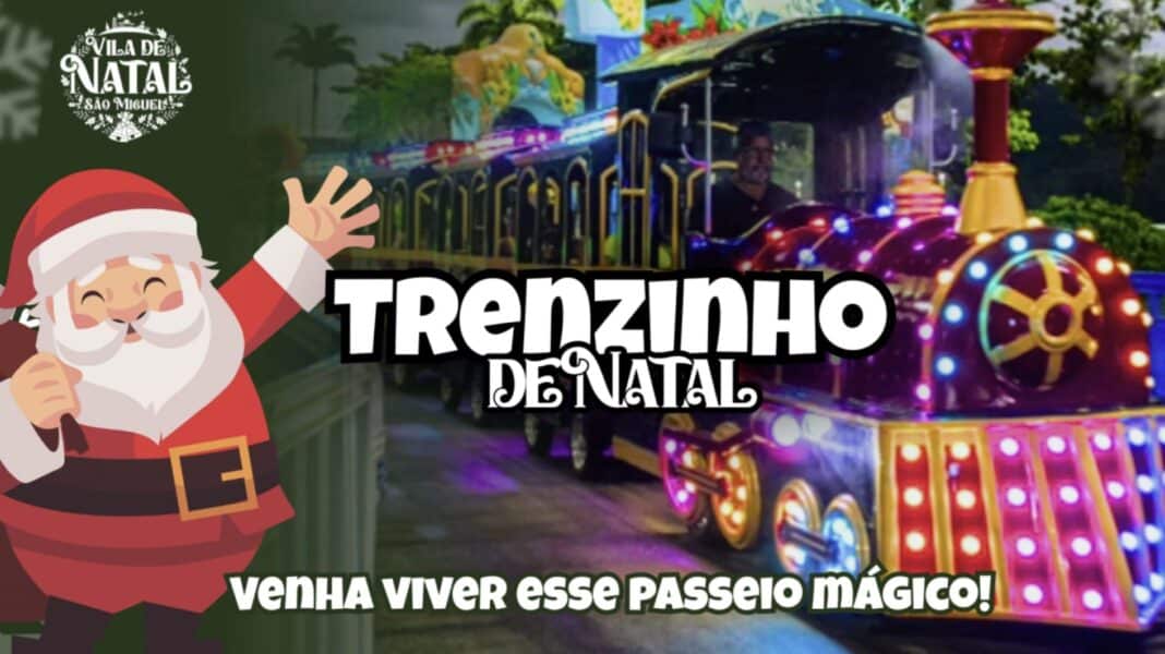 Ilustração de Papai Noel acenando ao lado de um trem de Natal iluminado.