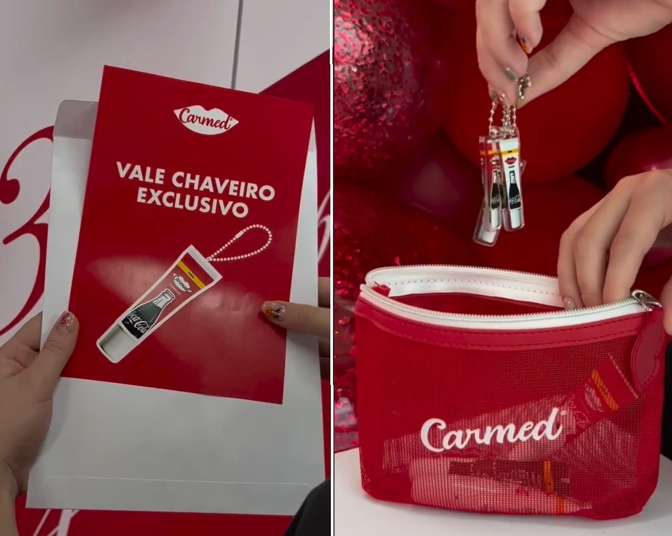Imagem composta de duas partes mostrando itens promocionais da Carmed Coca-Cola. À esquerda, mãos seguram um card vermelho com a frase "Vale Chaveiro Exclusivo". À direita, uma pessoa coloca chaveiros em formato de miniaturas do hidratante labial dentro de uma nécessaire de tela vermelha com o logotipo da Carmed.