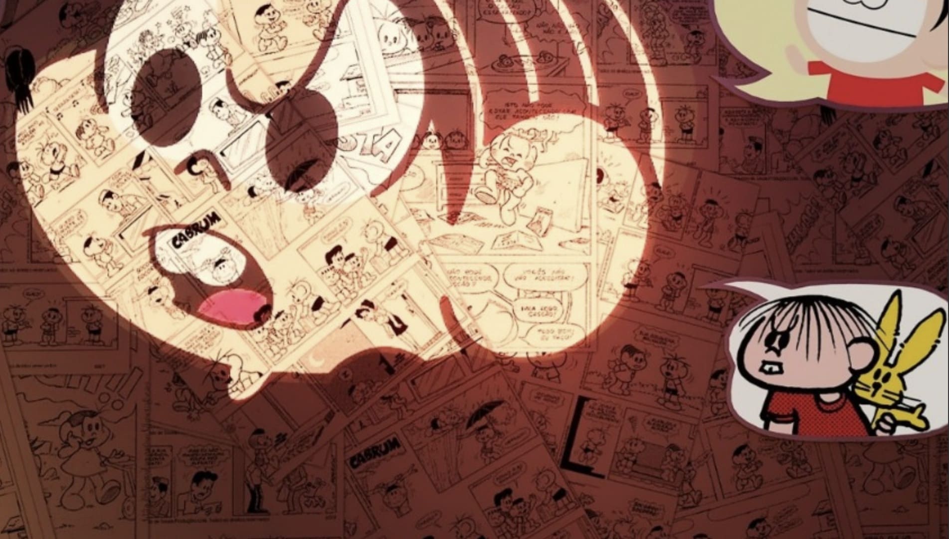 Colagem digital escura com quadrinhos da Turma da Mônica em tons de sépia, destacando o rosto de um bebê (provavelmente o Cebolinha bebê) em um círculo claro. Mônica e seu coelhinho Sansão aparecem no canto inferior direito.