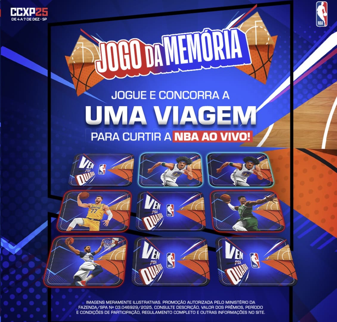 Cartaz promocional do "Jogo da Memória" da NBA no CCXP25 com nove cartas viradas para baixo e jogadores de basquete ilustrativos, oferecendo uma viagem para ver a NBA ao vivo.