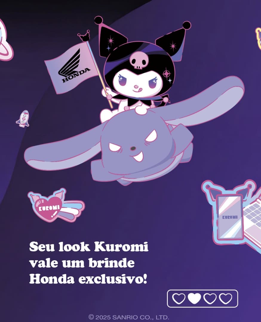 Kuromi, personagem da Sanrio, montada em seu parceiro Baku, segurando uma bandeira da Honda em um fundo roxo. A imagem anuncia: "Seu look Kuromi vale um brinde Honda exclusivo!"
