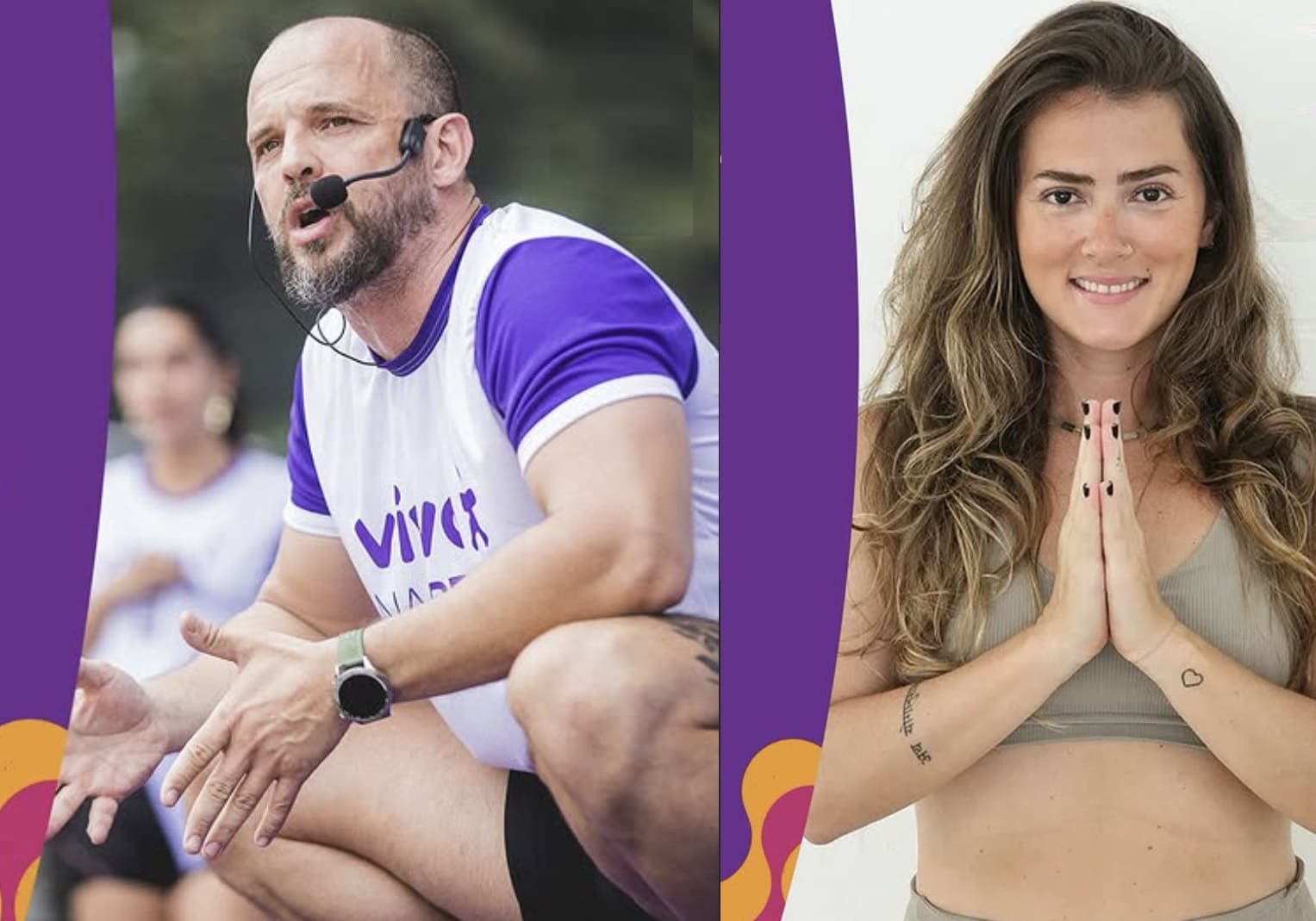Montagem com duas fotos: à esquerda, um instrutor homem de barba e microfone fala agachado durante uma aula; à direita, uma instrutora mulher sorri com as mãos em posição de prece.